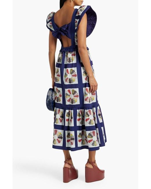 Sea Blue Pippin Printed Patchwork-effect Shirred Cotton Midi Dress