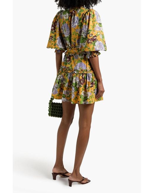 Farm Rio Yellow Ruffled Floral-Print Cotton-Broadcloth Mini Dress