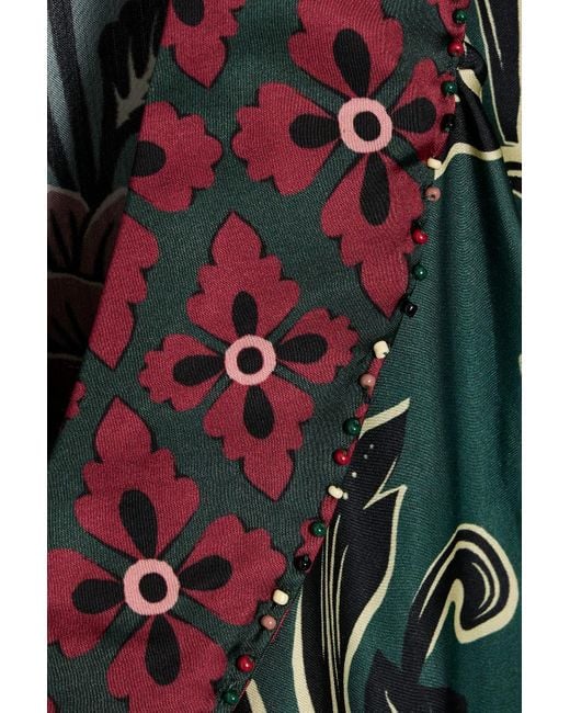 Farm Rio Green Bead-Embellished Floral-Print Crepe De Chine Mini Wrap Dress
