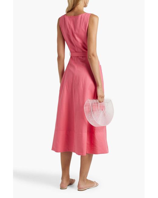 Saloni Pink Bibba Belted Cotton And Linen-blend Midi Dress