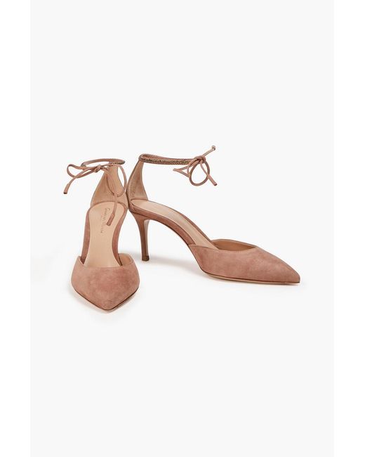Gianvito Rossi Pink Montecarlo D'Orsay Crystal-Embellished Suede Pumps