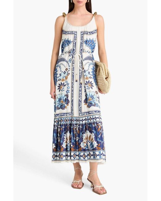 Farm Rio Blue Floral-print Linen-blend Maxi Dress