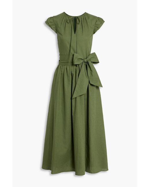 Mikael Aghal Green Belted Cotton And Linen-Blend Midi Dress