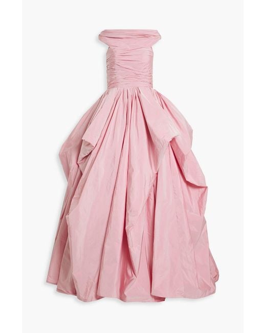Zuhair Murad Pink Off-the-shoulder Ruched Taffeta Gown