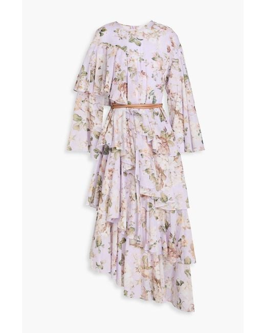 Zimmermann White Asymmetric Belted Floral-Print Cotton Midi Dress