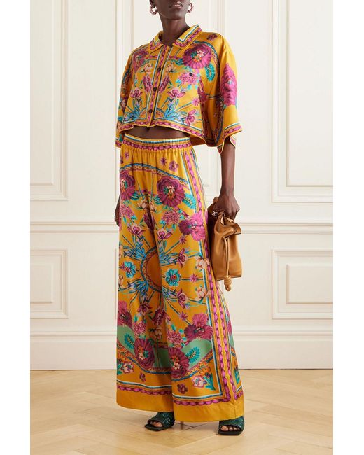 LaDoubleJ Orange Sunset Cropped Floral-Print Silk-Twill Shirt