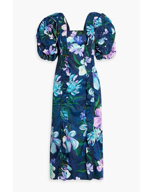 Farm Rio Blue Ruffled Floral-Print Cotton-Poplin Midi Dress