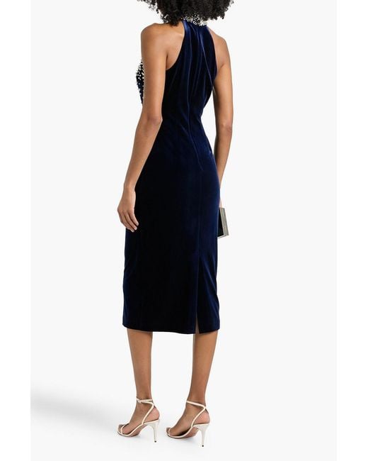 Badgley Mischka Faux Pearl-Embellished Velvet Midi Dress in Blue | Lyst
