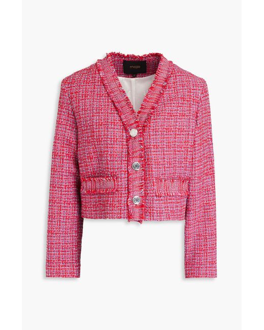 Maje Pink Cropped Frayed Tweed Jacket