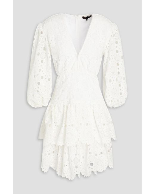 Maje White Cutout Tiered Crocheted Lace Cotton Mini Dress
