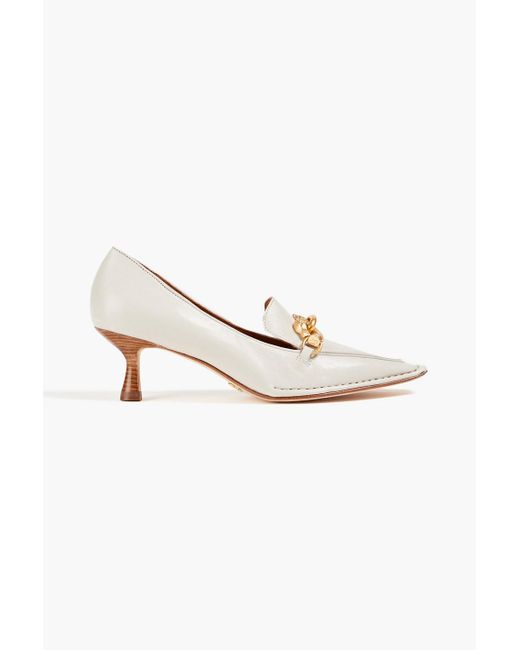 Tory Burch White Jessa Embellished Leather Pumps