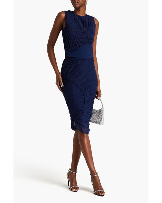 Hervé Léger Blue Ruched Stretch-tulle And Ponte Top