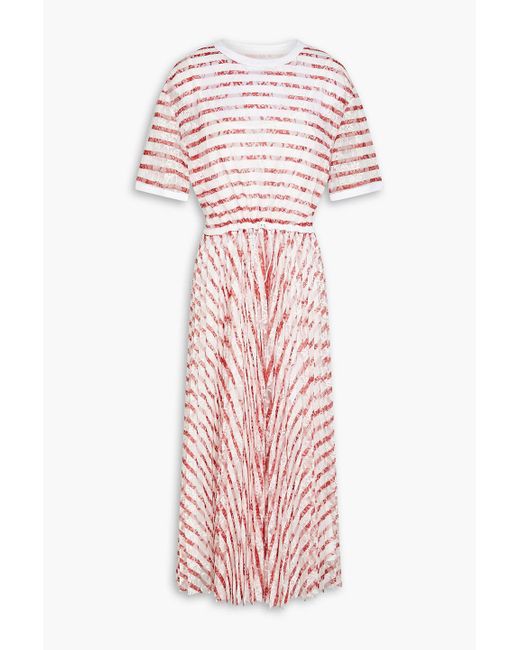RED Valentino Pink Pleated Striped Lace Midi Dress