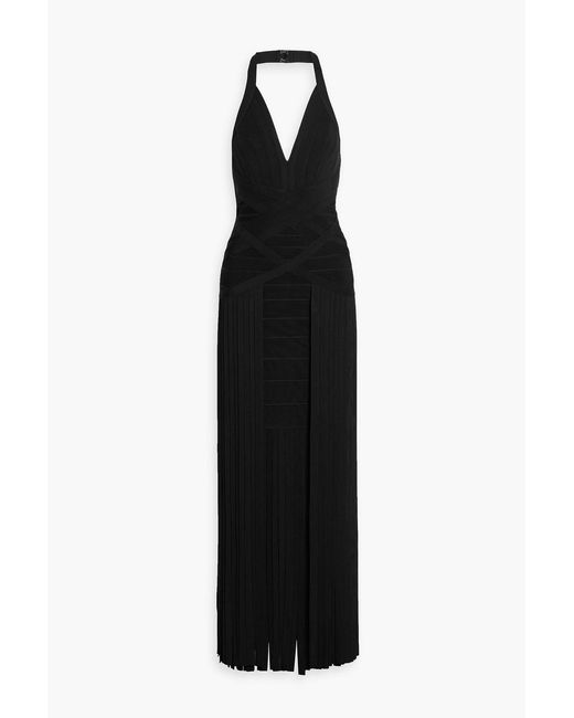 Hervé Léger Black Scarlet Fringed Bandage Halterneck Gown