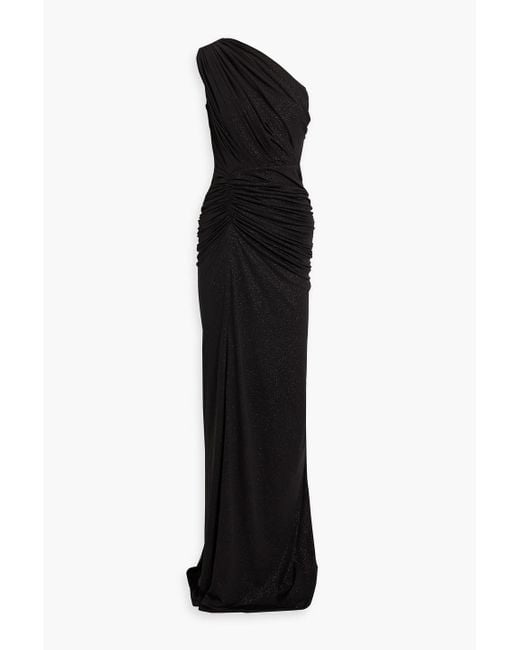 Rhea Costa Black One-shoulder Ruched Glittered Jersey Gown
