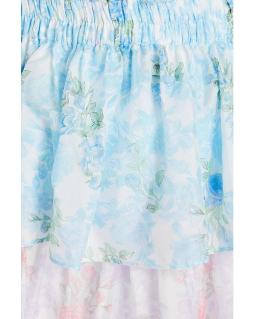 LoveShackFancy Blue Minirock aus seidenchiffon mit floralem print und rüschen
