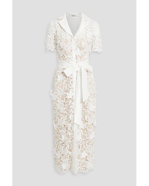 Badgley Mischka White Belted Guipure Lace Midi Shirt Dress