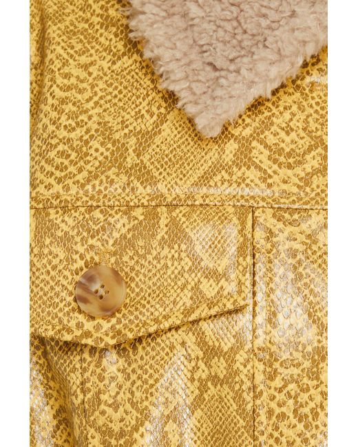 Rejina Pyo Yellow Hana Faux Shearling-trimmed Faux Snake-effect Leather Coat
