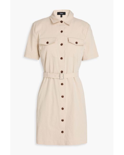 Theory Natural Belted Linen-blend Mini Shirt Dress