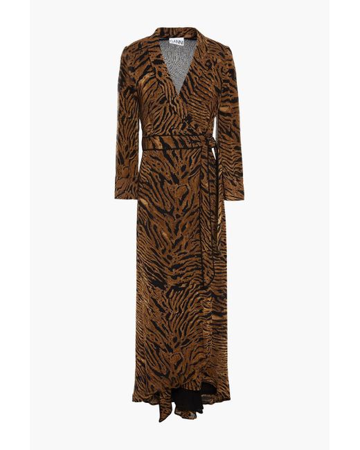 Ganni Brown Tiger-print Georgette Maxi Wrap Dress