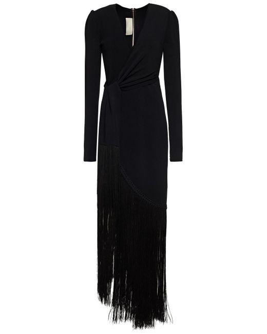Elie Saab Black Wrap-effect Fringed Ponte Midi Dress