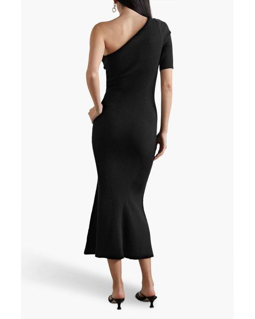 Veronica Beard Black One-shoulder Ribbed-knit Midi Dress