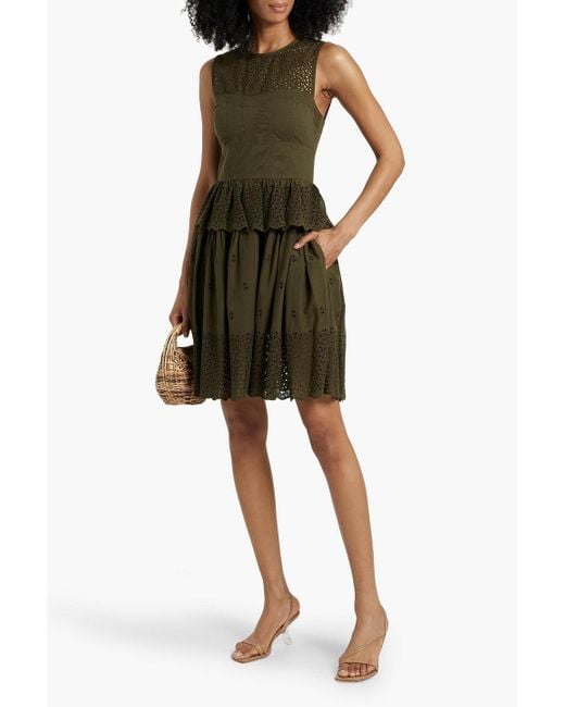 Ulla Johnson Green Jessa gestuftes minikleid aus baumwolle mit lochstickerei