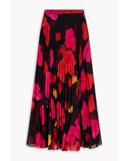 Erdem Red Pleated Floral-Print Georgette Midi Skirt