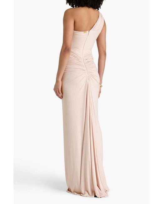 Rhea Costa Pink One-shoulder Glittered Stretch-jersey Gown