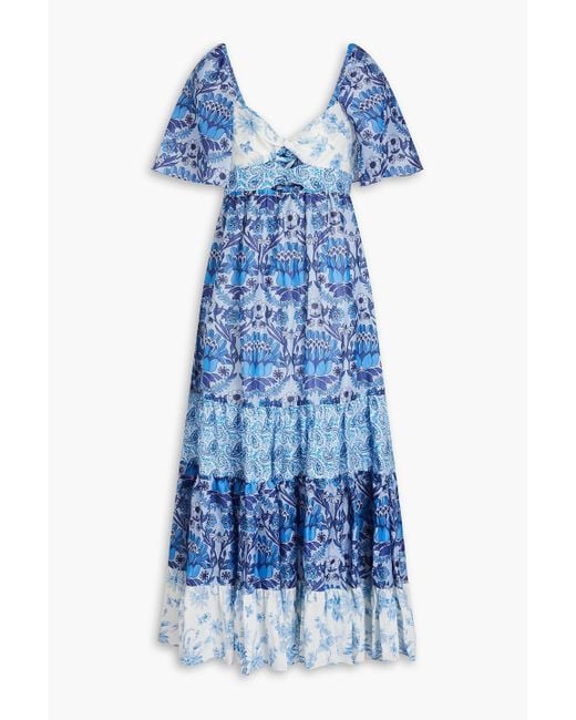 Sandro Blue Floral-print Linen-blend Midi Dress