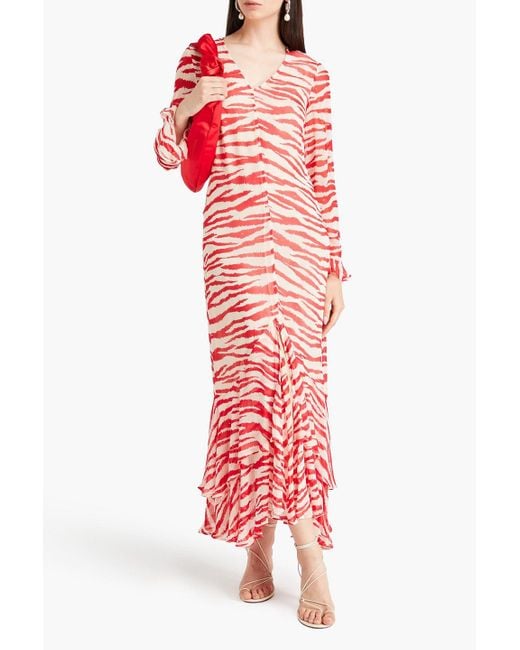 Ganni Red Ruffled Tiger-print Chiffon Maxi Dress