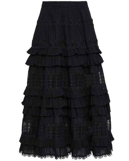 Zimmermann Tiered Lace-paneled Cotton Midi Skirt Black | Lyst