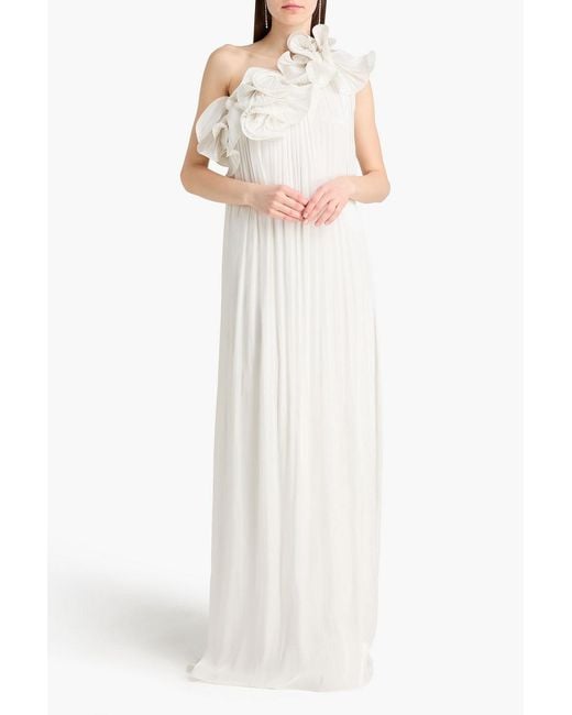 Costarellos White Charmain One-Shoulder Floral-Appliquéd Georgette Gown