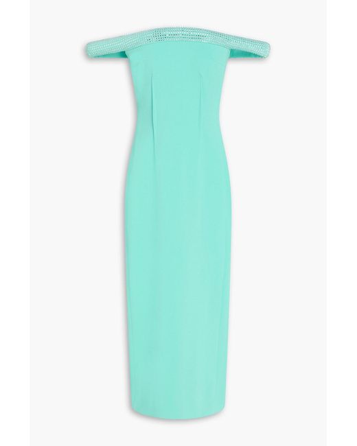 David Koma Green Off-The-Shoulder Crystal-Embellished Crepe Midi Dress