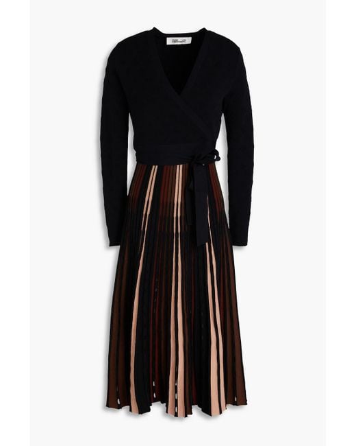 Diane von Furstenberg Black Ollie Wrap-Effect Striped Ribbed And Jacquard-Knit Midi Dress