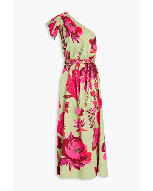Farm Rio Red Midikleid aus einer leinenmischung mit floralem print und asymmetrischer schulterpartie