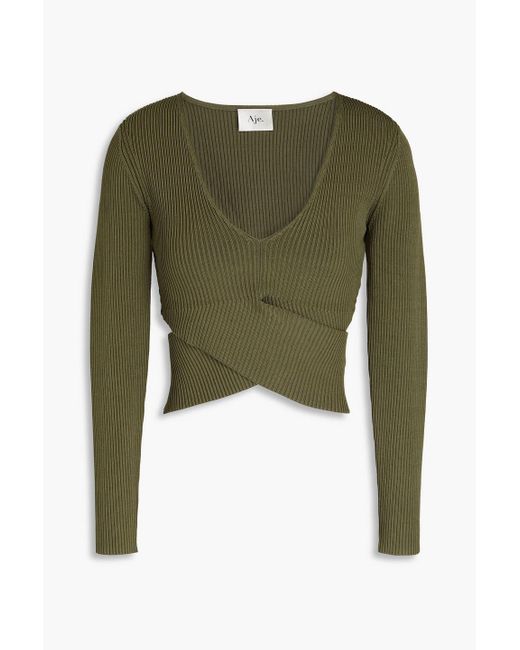 Aje. Green Wrap-effect Cutout Ribbed-knit Top