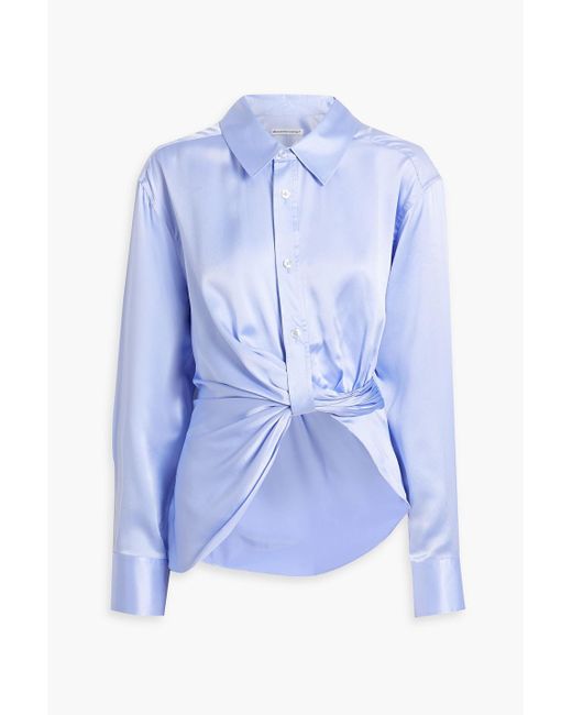T By Alexander Wang Blue Asymmetric Twist-front Silk-satin Shirt