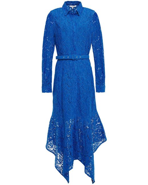 Ganni Blue Belted Asymmetric Lace Dress