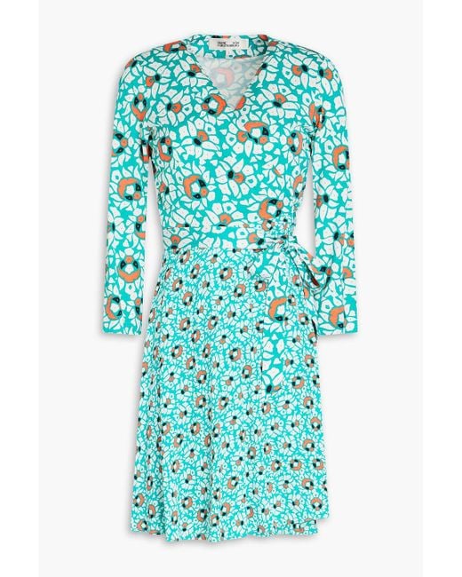 Diane von Furstenberg Blue Irina Printed Silk-jersey And Crepe Mini Wrap Dress