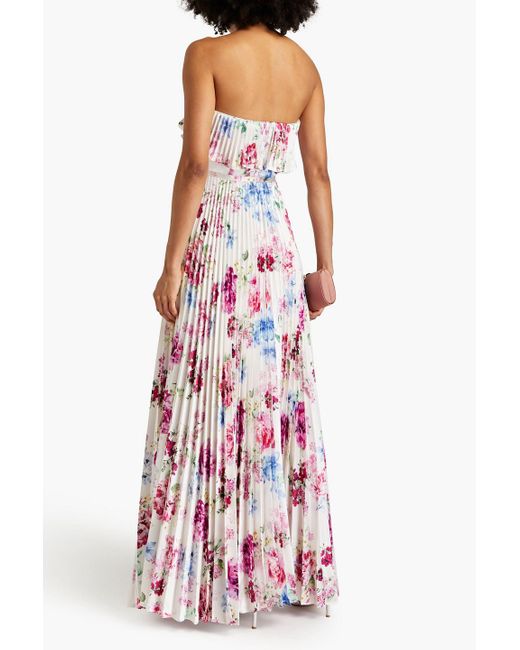 ML Monique Lhuillier White Strapless Pleated Floral-print Hammered-satin Maxi Dress
