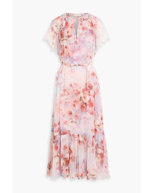 Zimmermann Pink Belted Scalloped Floral-Print Chiffon Midi Dress