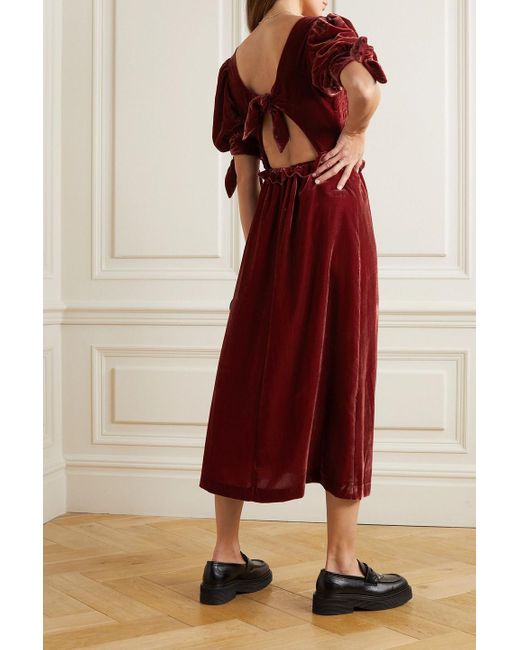Sea Red Mayde Open-back Smocked Velvet Midi Dress
