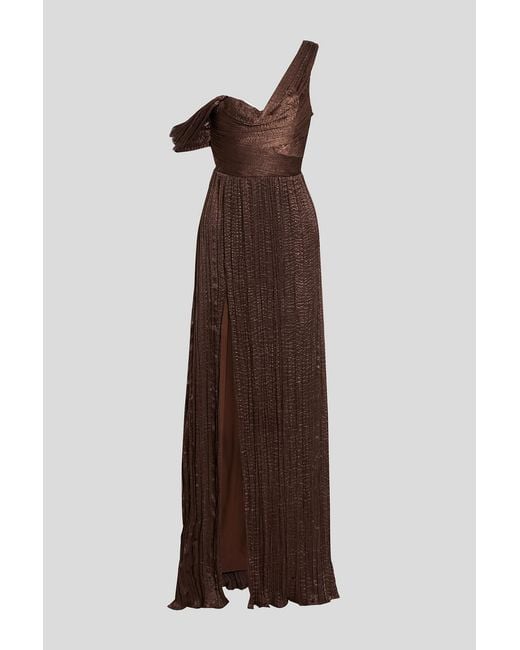 Marchesa Brown Off-The-Shoulder Draped Crinkled-Satin Gown