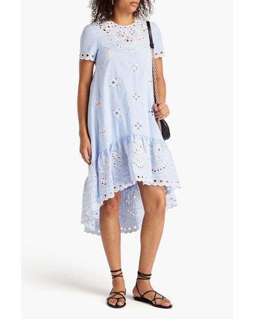 RED Valentino Blue Striped Broderie Anglaise Cotton Midi Dress
