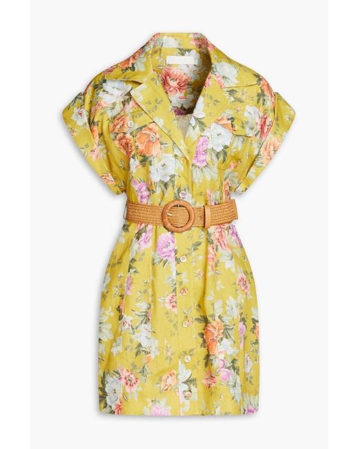 Zimmermann Yellow Belted Floral-print Linen Mini Shirt Dress
