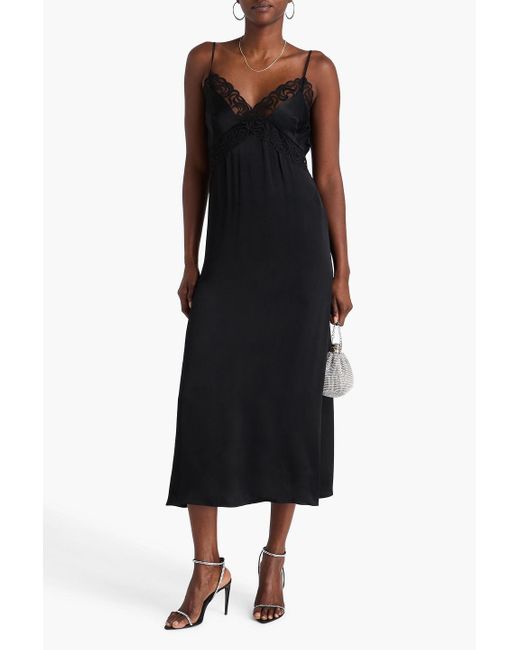 Sandro Black Guipure Lace-Trimmed Satin Midi Slip Dress