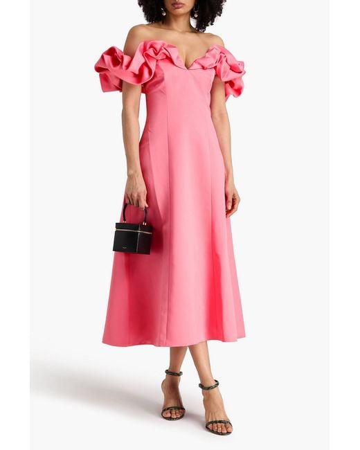 LEO LIN Pink Annie Off-The-Shoulder Satin Midi Dress