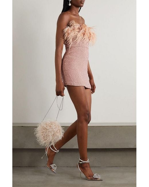 retroféte Pink Torin Strapless Feather-trimmed Sequined Crepe Mini Dress