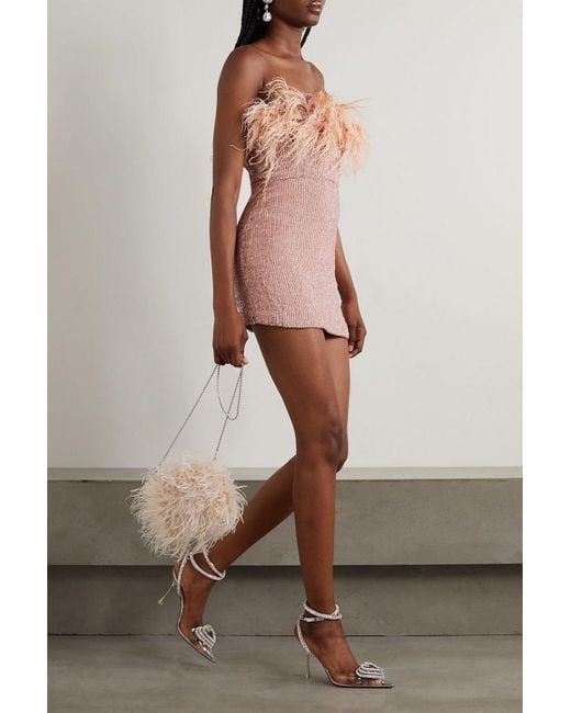 retroféte Pink Torin Strapless Feather-trimmed Sequined Crepe Mini Dress